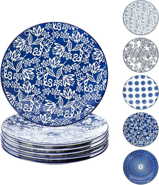 Ceramic Salad Plates Set - 8.5 Inch Kitchen Small Round Dinner - Scratch Resistant Porcelain Microwave Oven Dishwasher Safe - Dishes for Sandwich Dessert Appetizer - Set of 6 - Vintage Blue