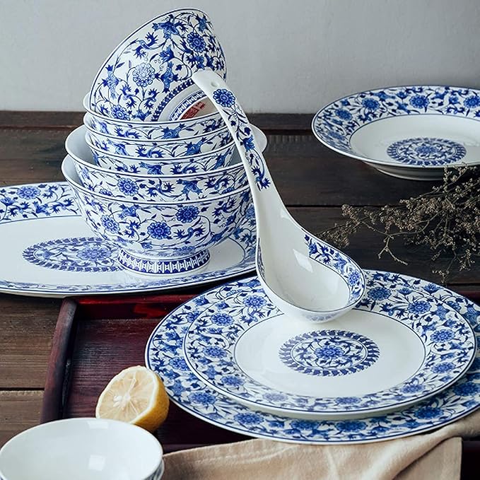 Dinnerware Set Dinner Party Tableware Service Set Ceramics Dinner Sets, 26 Pieces Blue and White Porcelain Dinnerware Set | Gift Box Steak Plate Cereal Bowl and Soup Bowl, FPYY2024040817