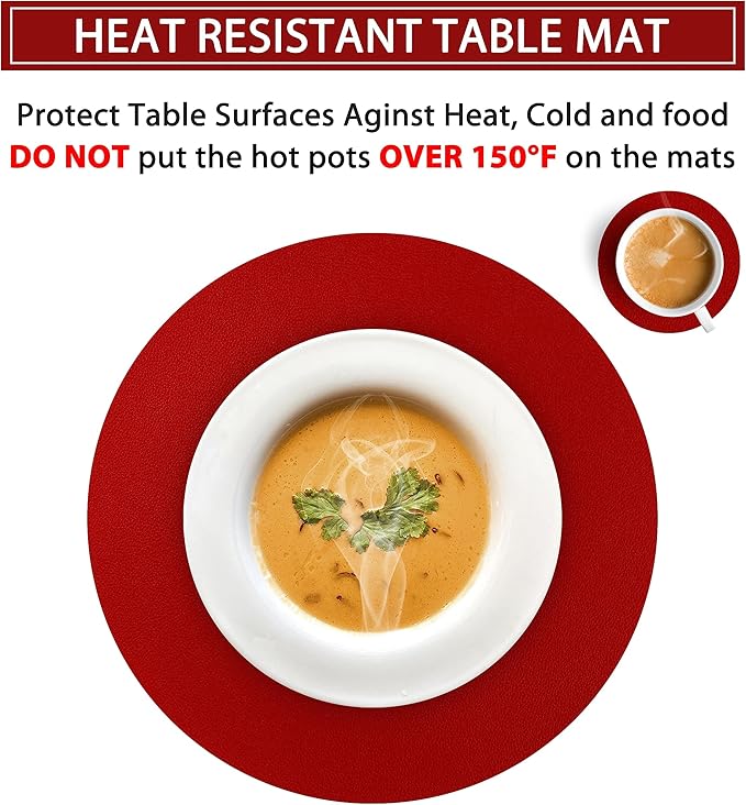 Wipeable Placemats and Coasters Leather Table Mats Waterproof Heat-Resistant Easy to Clean for Dining Table Set Kitchen Table Set of 6, Red