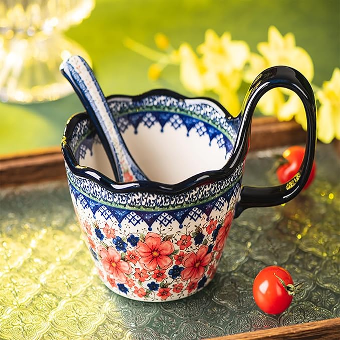 OZY Handpainted Soup Bowl with Handle,Ceramic Cereal Bowl Great for Soup, Ice cream, Fruits,Snack,Microwave &Dishwasher Safe (Snow Ink Plum Pink,Spoon)