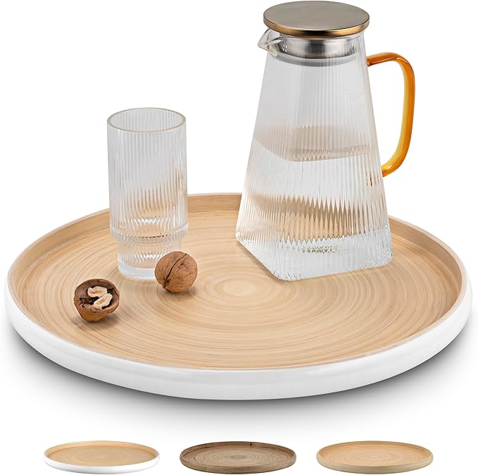 LEXA 15.7" Bamboo Round Serving Tray – Large Handcrafted Wooden Tray for Food, Ottoman, Coffee Table, Kitchen, Charcuterie, or Home Décor, White