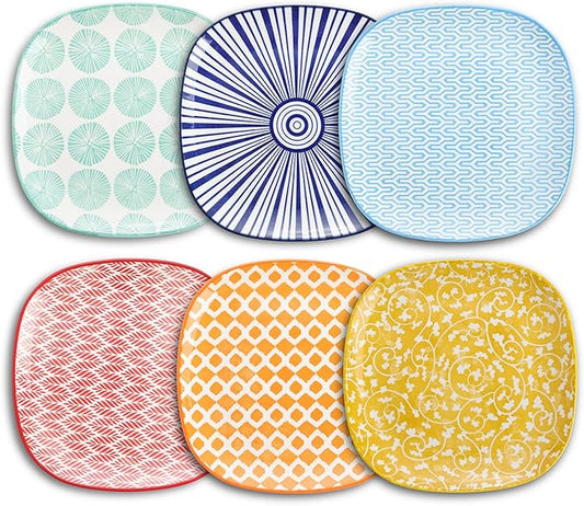 Selamica Porcelain Square Dessert Salad Pasta Plates 7.6 inches ceramic plates set of 6 microwave/dishwasher/oven safe, Assorted Colors