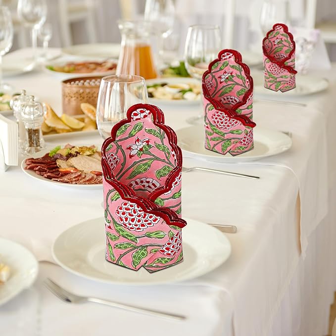 Ridhi Hand Block Print Strawberry Pink 18" x 18" (Set of 4) Embriodery Table Napkins Reusable Cotton Dinner Napkins for Weddings, Parties, Everyday Dining Gift for Spring, Easter, Valentine