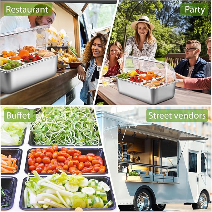 Countertop Food Serving Display Container and Clear Roll Top Cover Stainless Steel Food Serving Tray Buffet Condiment Dispenser Display Rack for Restaurant Hotel Kitchen Party (8 Pan)