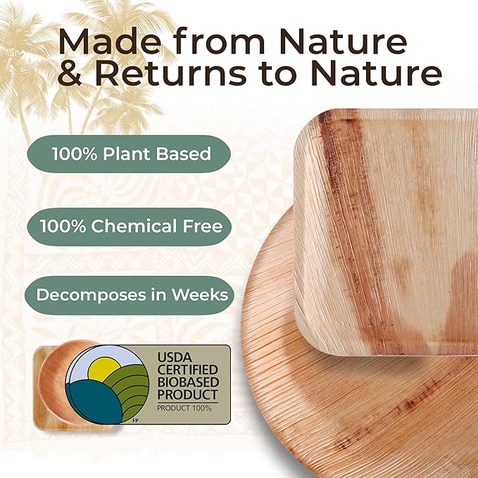Indie Palm Disposable Palm Leaf Plates – 50 Pack 10 Inch Round – Heavy Duty, 100% Compostable & Biodegradable – Eco-Friendly Alternative to Plastic & Bamboo (50, 10 inches)