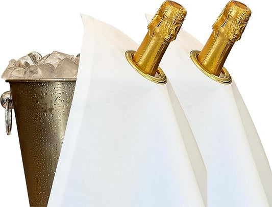 Classic Collection, Bottle Cloth with Metal Ring for Ice Buckets, Cotton, 42 cm, Corner Hole (White with Gold Metal Ring, Pack of 2)