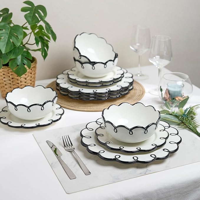 Sango 12-Piece Earthenware Dinnerware Set for 4, Glossy White Plates and Bowls Sets with Black Scalloped Rims, Premium Dish Set, Holiday Dishes for Gifting & Hosting Christmas Party, Splash of Cheers