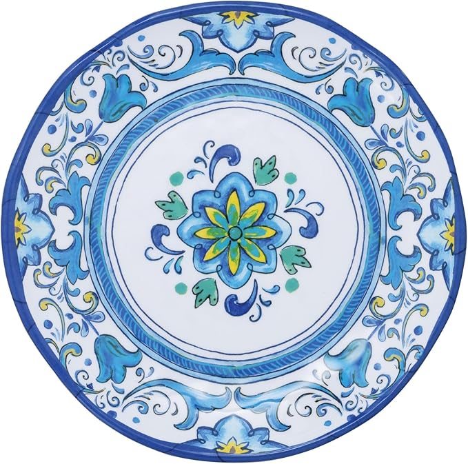 UP UPware Blue Floral Melamine Round Dessert Plates, Small Serving Plates, for Appetizer, Snacks, and Side Dishes, Blue, 6 Inch, Set of 4