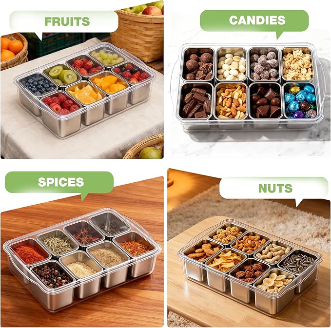 Snackle Box Container, 304 Stainless Steel Divided Serving Tray with Lid and Handle, Portable 8 Compartments Veggie Tray for Fruits,Veggies,Nuts &Candy, Dishwasher Safe for Travel,Picnic,Beach&Parties