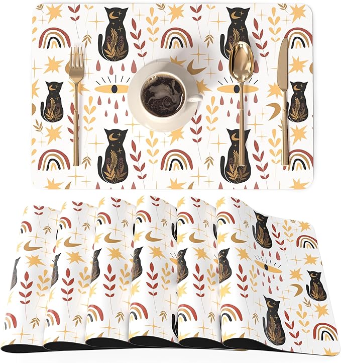 QIYI Placemats Set of 6, 12x18 Inch PU Leather Place Mats for Kitchen Dinning, Heat Resistant Anti Slip Folk Table Mats, Waterproof Wipeable Washable Placemat Party Table Décor, Boho Black Cats