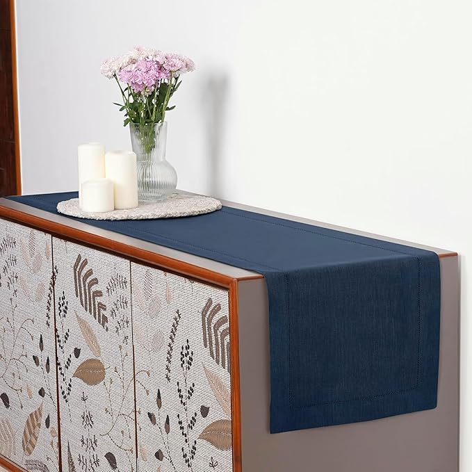 D'Moksha Homes Linen Navy Blue Table Runner 36 Inches - 100% Pure Linen Small Table Runner 14 x 36 Inch Ideal for Dresser, Coffee Tables, Winter, Christmas, Holiday, New Year - Classic Hemstitch