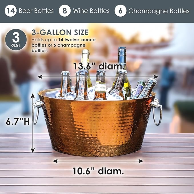 BREKX Rose Copper Beverage Tub and Ice Bucket with Lid and Scoop Party Combo Pack, Stainless Steel Double-Walled Insulated Barware Set