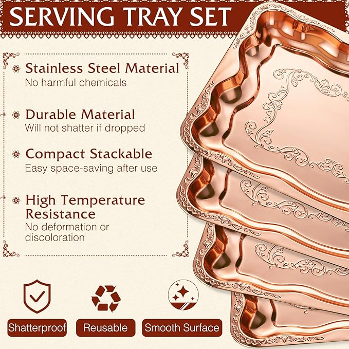 4 Pack Rose Gold Serving Trays Set for Party, Butterfly Floral Rose Gold Platter Engraved Mirror Tray, 15.8 x 11.6 Inches Elegant Metal Plate for Christmas Food Appetizer Cookies Desserts