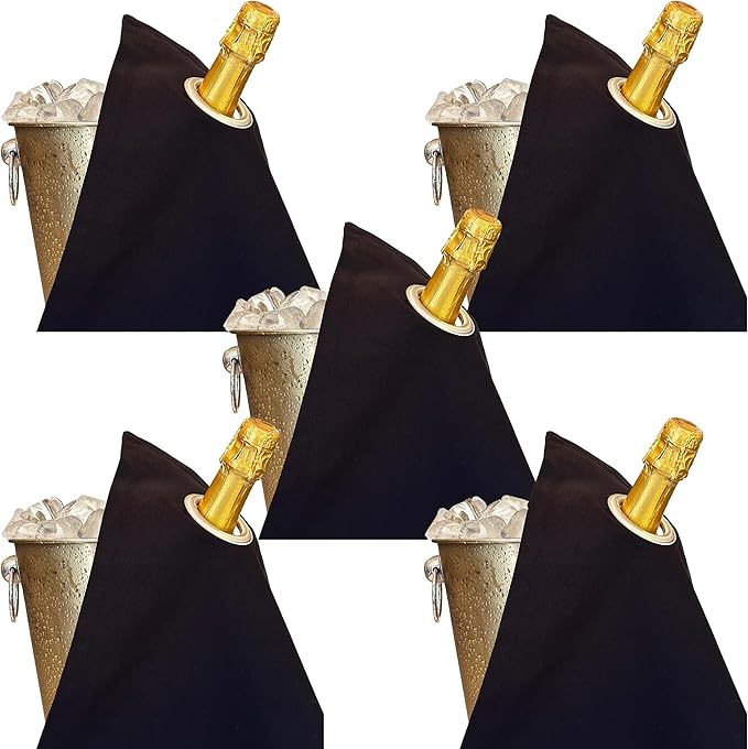 Classic Collection, Bottle Cloth with Metal Ring for Ice Buckets, Cotton, 42 cm, Corner Hole (Black with Silver Metal Ring, Pack of 5)