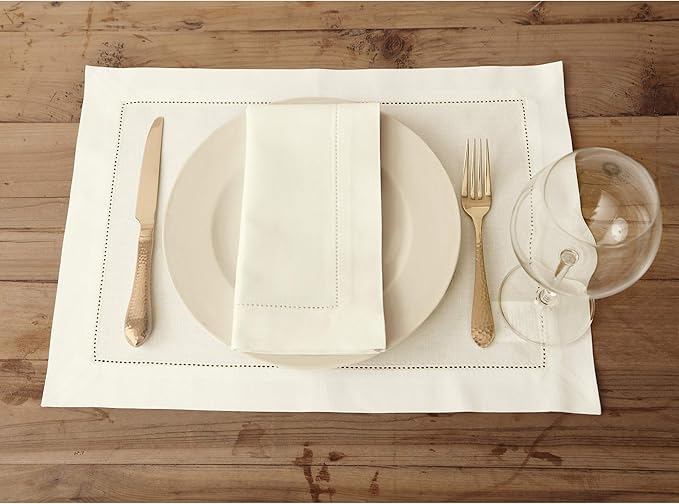 Solino Home Ivory Napkins Set of 6 - Cotton Linen Hemstitch Dinner Napkins Cloth 20 x 20 Inch for Spring, Easter - Handcrafted and Machine Washable