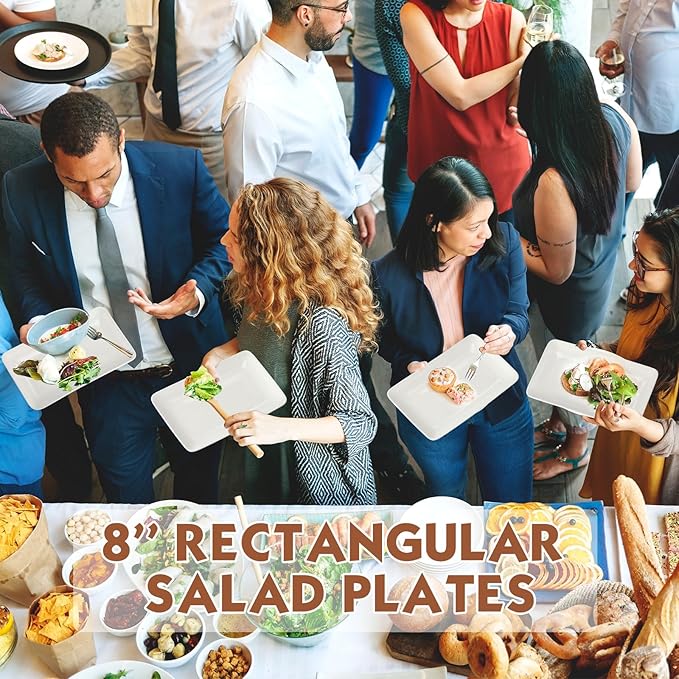 Irenare 20 Pcs 8 Inch Rectangular Salad Plates White Rectangular Porcelain Dessert Plates Appetizer Serving Tray Porcelain Platters for Fruit Sushi Dinner Parties, Microwave, Oven Safe