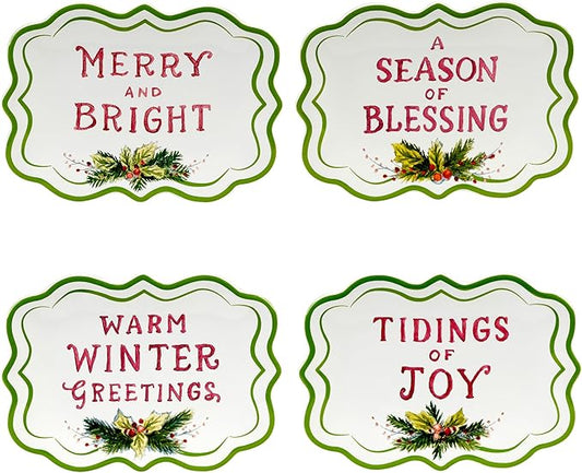 Snowman Greetings Set of 4 Ceramic Canape Plates – Adorned with jolly snowmen and wintry scenes, these small plates are perfect for festive entertaining 6"