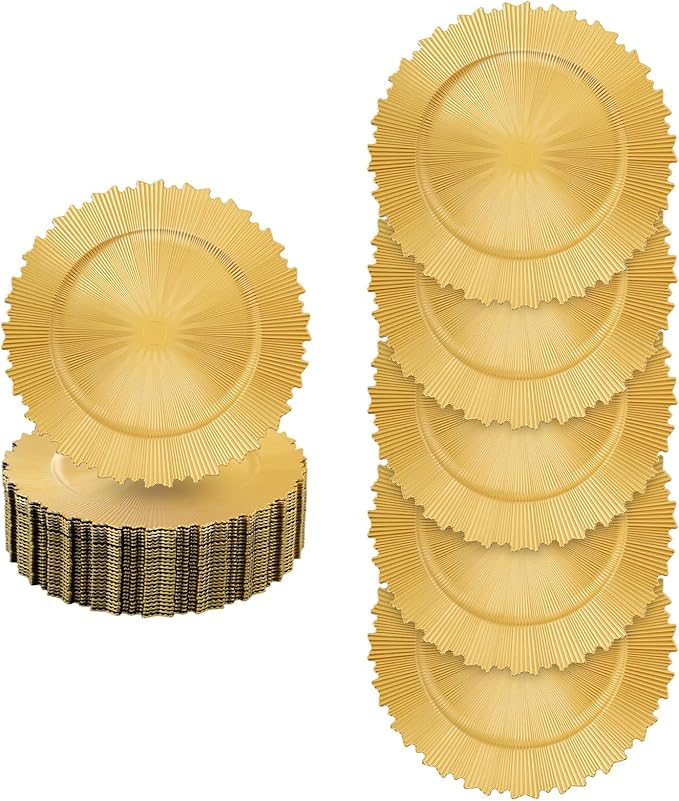 50 PCS Charger Plates Bulk, 13 Inch Plastic Round Charger Dinner Plates Jagged Edge Service Plates Decorative Chargers Bulk for Table Setting Wedding Party Event(Gold)