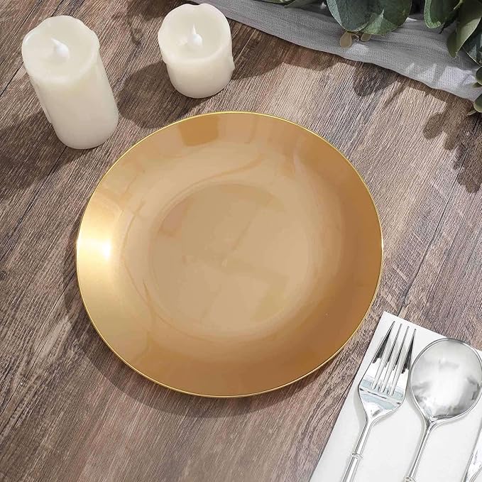 Efavormart 10 Pack | 8" Glossy Gold Round Plastic Dinner Plates With Gold Rim, Disposable Party Plates