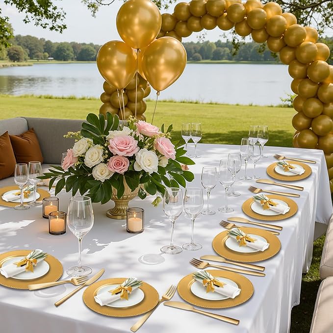 189 Pcs Charger Plates Set Bulk, 50 Pcs 13'' Gold Charger Plates 129pcs Balloons Different Sizes 18 12 10 5 Inch 10 Pack 54 x 108 Inch Disposable Table Cloth Set For Dinner Wedding Party Decoration