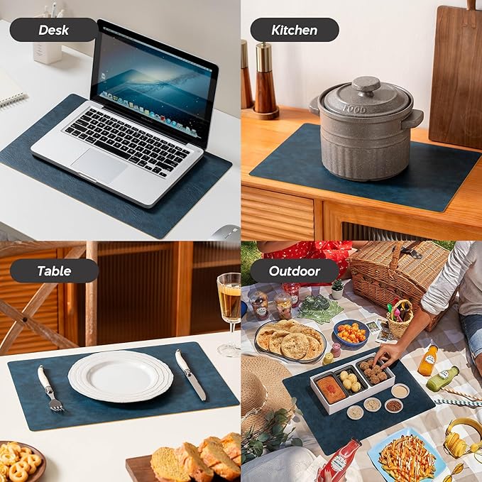 Placemats Set of 4 Reversible Dual-Color Table Placemats, Faux Leather 100% Waterproof Oil-Proof Wipeable Place Mats, Heat Resistant Dual Sided Table Mats for Kitchen/Dining/Party (Blue&Yellow