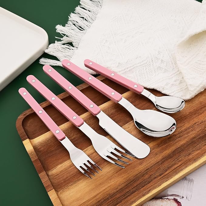 30 PCS Stainless Steel Flatware Set for 6, Silverware Set with Colored Handles, Retro Style Forks Spoons and Knives Set, Vintage Eating Utensils, Pink Acrylic Handle with Rivets Design
