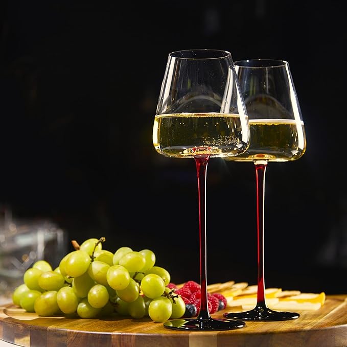 LEMONSODA Concave Champagne & Wine Glasses - Modern Red Stem & Black Bottom for Sparkling Wine, Rosé, Prosecco, Champagne – Handcrafted Barware, Perfect for gift (16oz, Set of 4)