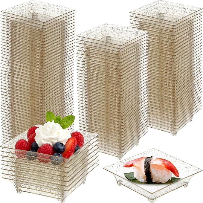 100 Pcs Mini Appetizer Plates Bulk 1 oz 2.4 Inch Square Plastic Dessert Plates Disposable Appetizer Tray for Wedding Shower Valentine's Salad Cake Afternoon Tea Birthday Party (Gold)