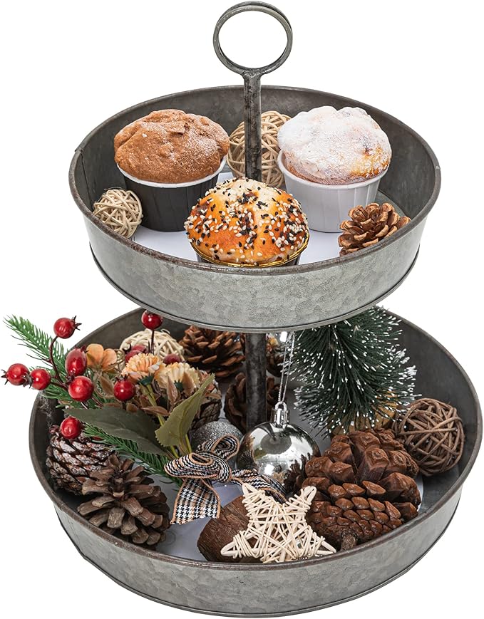 FLORA Farmhouse 2 Tiered Galvanized Serving Tray Stand with Carry Handle, Rustic Metal Display Tray for Cupcake Dessert Fruit, Perfect for Indoor or Outdoor Party Home Décor