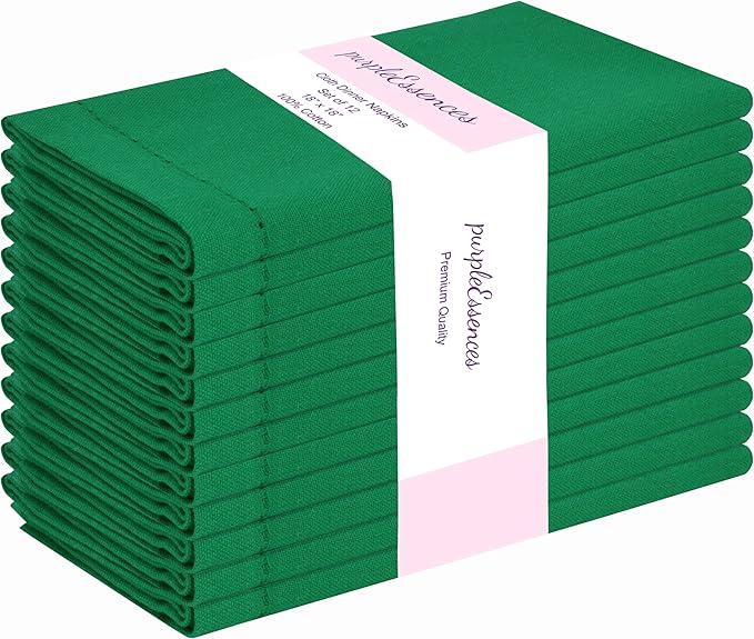 PurpleEssences Set of 12 Hemstitch Cloth Dinner Napkins 100% Cotton - Soft Durable Washable - Ideal for Wedding St Patricks Day - Perfect Everyday Use Table Linen 18x18 - St Patricks Green