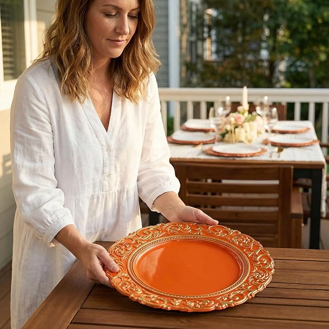 Orange Charger Plates with Gold Embossed Rim, 13 Inch Plastic Charger for Dinner, Party, Wedding, Table Setting. (Set of 6)