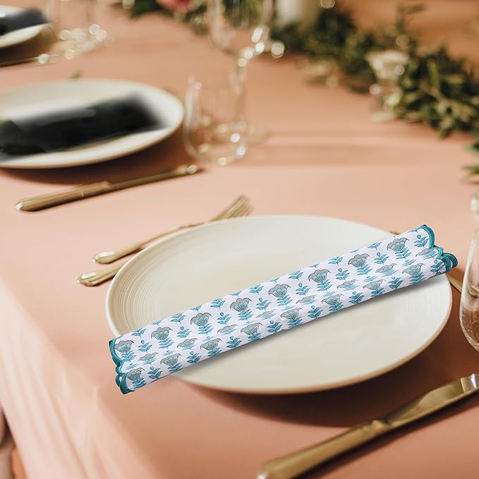 Ridhi Hand Block Print Aquamarine Blue 18" x 18" (Set of 4) Embriodery Table Napkins Reusable Cotton Dinner Napkins for Weddings, Parties, Everyday Dining Gift for Spring, Easter, Valentine