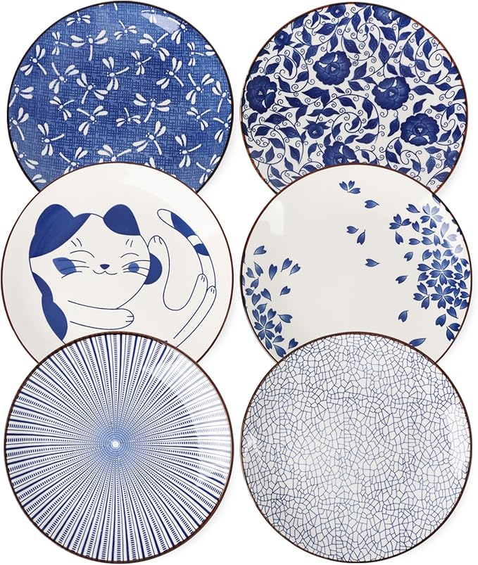 KitchenTour Large Ceramic Dinner Plates, 10 Inch Salad Plates Set of 6, Serving Plates for Dessert, Pasta, Appetizer, Dishwasher and Microwave Safe, Vintage Blue