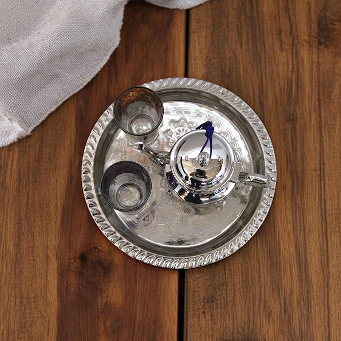 Moroccan Tea Tray Serving Cocktail Silver Handmade Fez Small Or Large Round (9/11/13/15 Inches) (9 Inches)