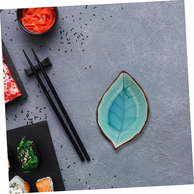 PRETYZOOM 4pcs Leaf Shape Ceramic Appetizer Plates Stylish Porcelain Dipping Bowls for Sauces Snacks and Seasonings Elegant Ice Crackle Glaze Design Yellow Lake Blue and Green