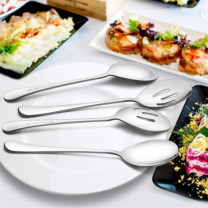 LIANYU 14 Piece Serving Spoons and Serving Utensils Set, Stainless Steel Serving Flatware Silverware Set with Slotted Spoons, Forks for Party Dinner, Mirror Finished, Dishwasher Safe