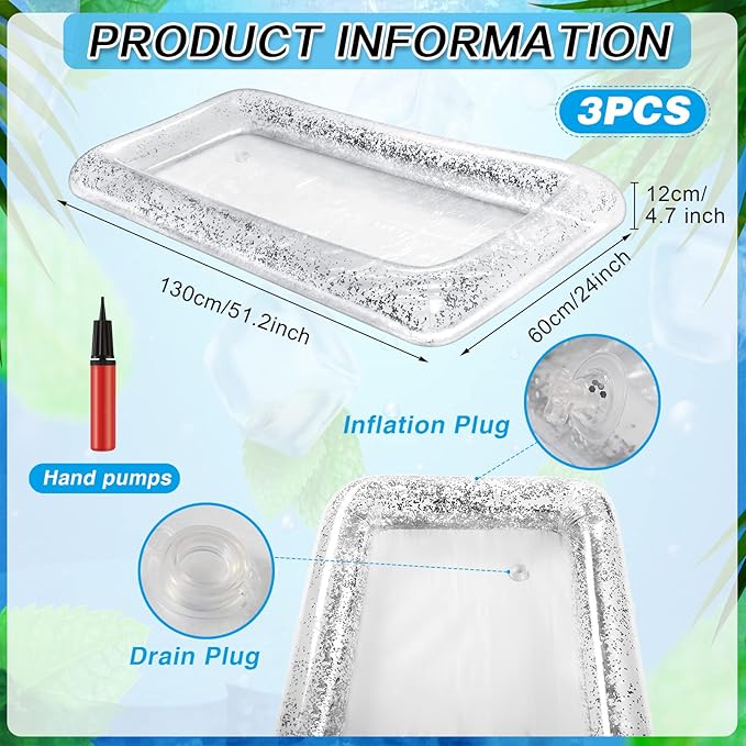 Leitee 3 Pcs Inflatable Serving Bar 52 x 24 x 5'' Ice Buffet Serving Tray Drink Cooler with Drain Plug Inflatable Pool Bar for Party Food Drink Holders with a Hand Pump(Glitter Silver)