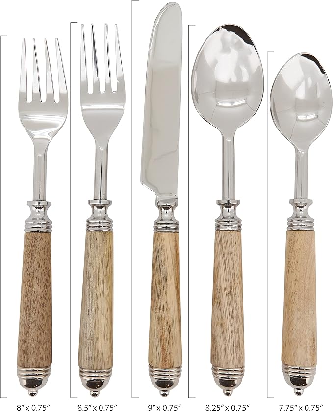 Natural Bark Wood Style Handle Place Setting Flatware (Set of 5)