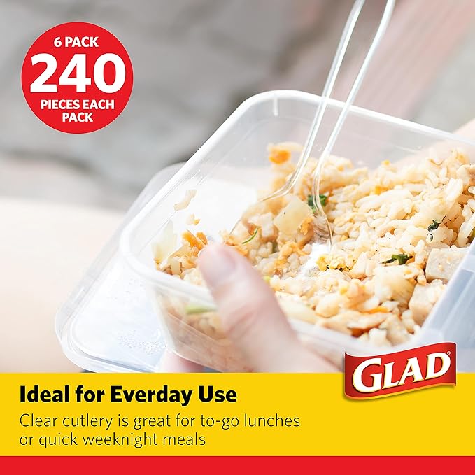 Glad Disposable Plastic Cutlery, Assorted Set | Clear Extra Heavy Duty forks, Knives, And Spoons | Disposable Party Utensils | 240 Piece Set of Durable and Sturdy Cutlery (6 Pack, 1,440 Pieces Total)