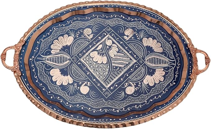 Decorative Copper Tray for Coffee Table, Coffee Bar, Serving Tray and Home Decor-Handmade Pure Copper Tray with Silver Ottoman Patterns (Black) (Dark Blue)