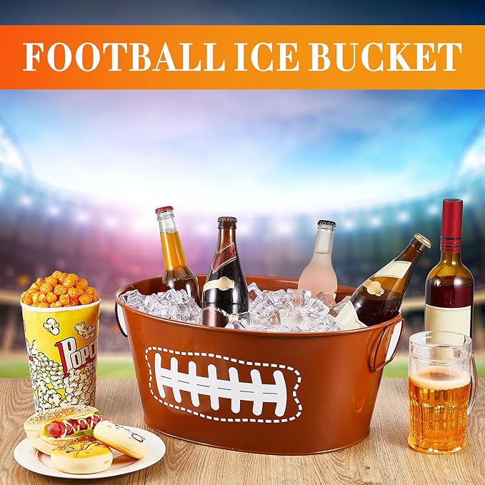 Ctosree 2 Pcs 4 Gallon Football Galvanized Metal Ice Buckets Beverage Tubs Football Party Large Drink Tin Bins Beer Wine Champagne Cocktail Cooler for Game Bar Supplies(Classic)