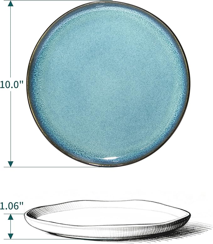 10 Inch Dinner Plates Set of 6, Wavy Rim Stoneware Plates, Microwave & Dishwasher Safe, Ceramic Plates for Steak, Pizza, Lunch, Serving, Green Black