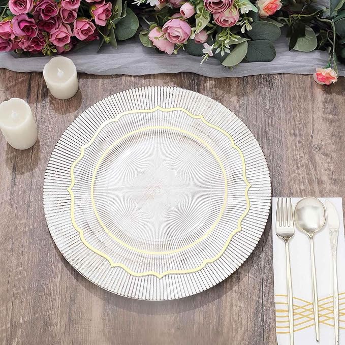 Efavormart 6 Pack | 13" White Washed Sunray Rim Faux Wood Plastic Charger Trays, Round Disposable Serving Plates