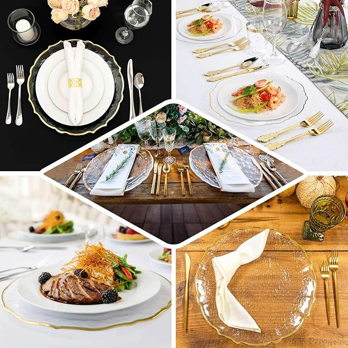 Efavormart 8 Pack | 13" Clear Glass Metallic Gold Scallop Edged Charger Plates For Events Table Decoration for Home & Professional Fine Dining, Catering, Dinner Parties, Weddings