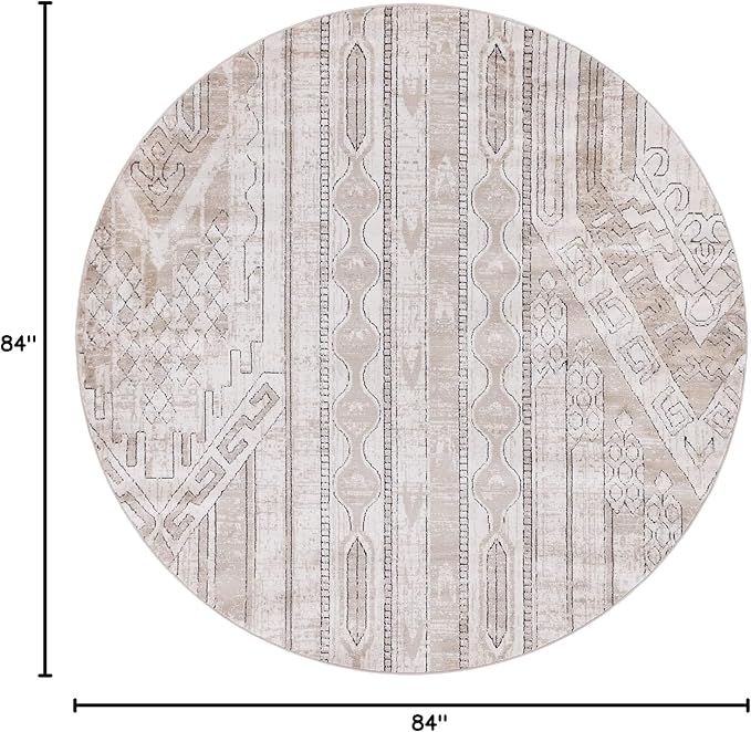 Rugs.com Oregon Collection Rug – 7 Ft Round Ivory Low-Pile Rug Perfect for Kitchens, Dining Rooms