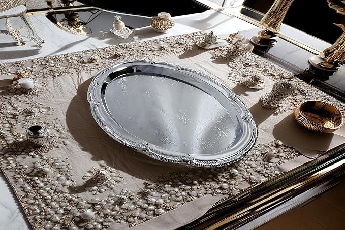 (Pack of 4) 14.7" x 10.6" Oval Shape Chrome Plated Serving Tray Plate Food Art Deco Floral Pattern Engraved Multi-Purpose Holiday Party Buffet Wedding Birthday (Large) T125L-4PK