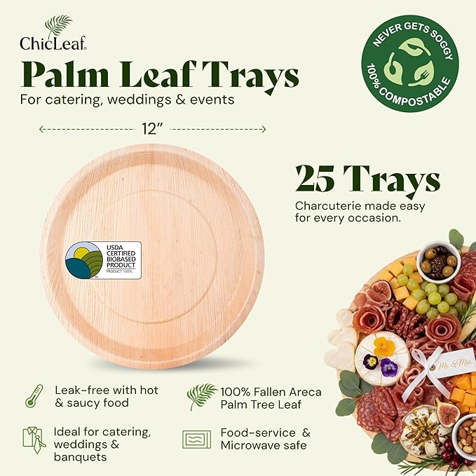 Chic Leaf 100% Compostable Disposable Palm Leaf Tray - Paper Plates Alternative - Disposable Charcuterie Boards Accessories - Round Bamboo Plates Christmas & Holiday Dinner (12'', 25 Count)