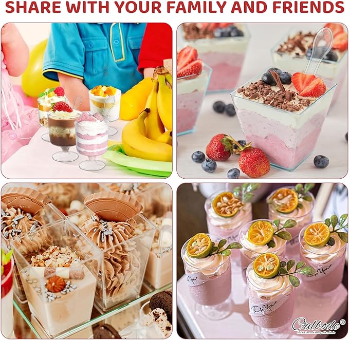 150 Dessert Cups with Spoons Sets, 5oz Mini Clear Plastic Disposable Parfait Cups, Small Serving Bowl for ice cream, Square Dessert Shot Glasses Round Goblets for Christmas Party (300pcs)