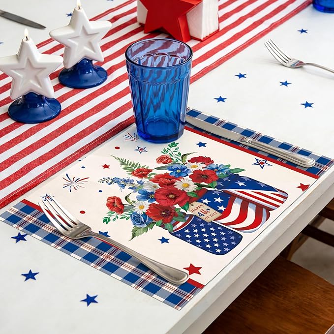 comfoyar Buffalo Plaid Patriotic Placemats Set of 4, 12x18 Inch Non-Slip Linen 4th of July Place Mats, Washable Absorbent Independence Day Flower Table Mats for Kitchen Dining Party Table Decoration