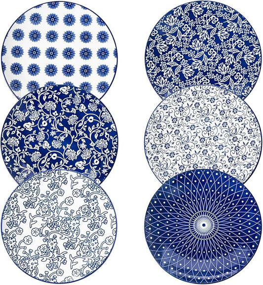 Ceramic Dinner Plates Set - 10.5 Inch Large Kitchen Porcelain Salad Serving Plate for Pasta Steak Pizza Pancakes - Scratch Resistant Dishwasher Oven Microwave Safe - Set of 6 - Vintage Blue